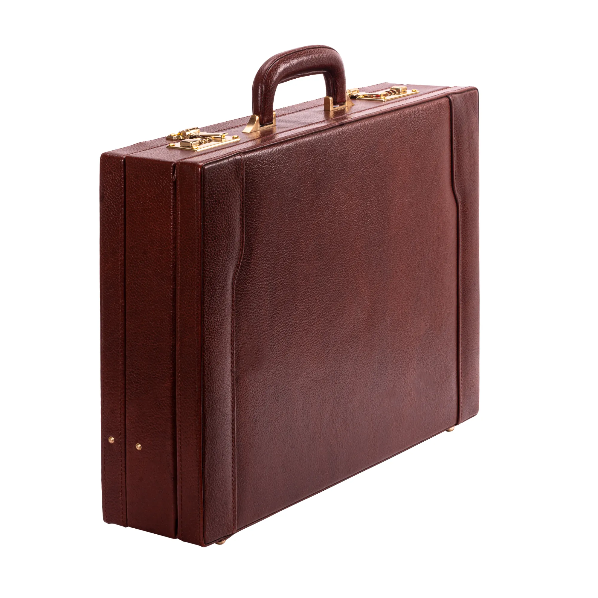 Brown genuine leather expandable briefcase with combination locks, structured design, and top handle, suitable for laptops, files, and travel essentials.