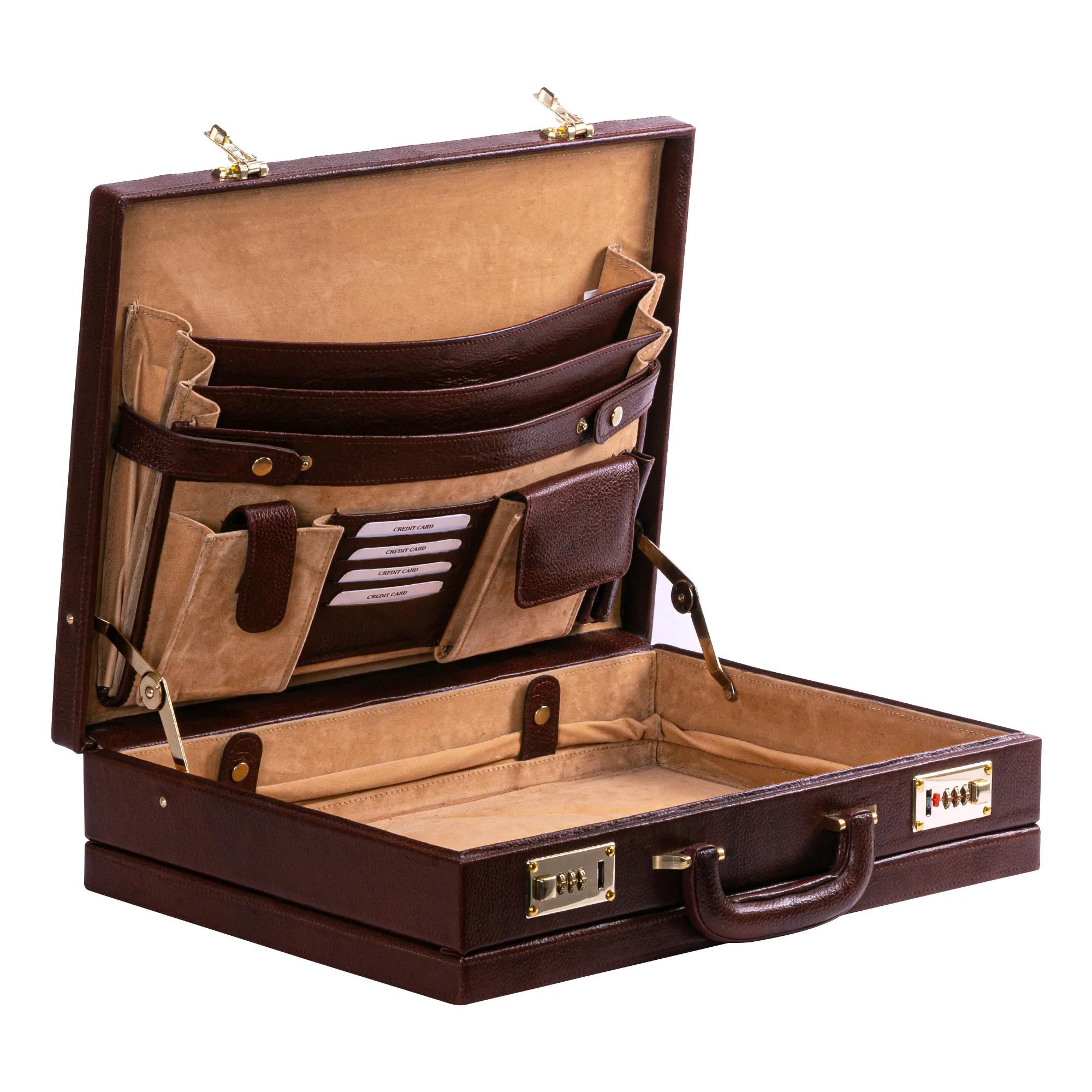 Brown genuine leather expandable briefcase with combination locks, structured design, and top handle, suitable for laptops, files, and travel essentials.