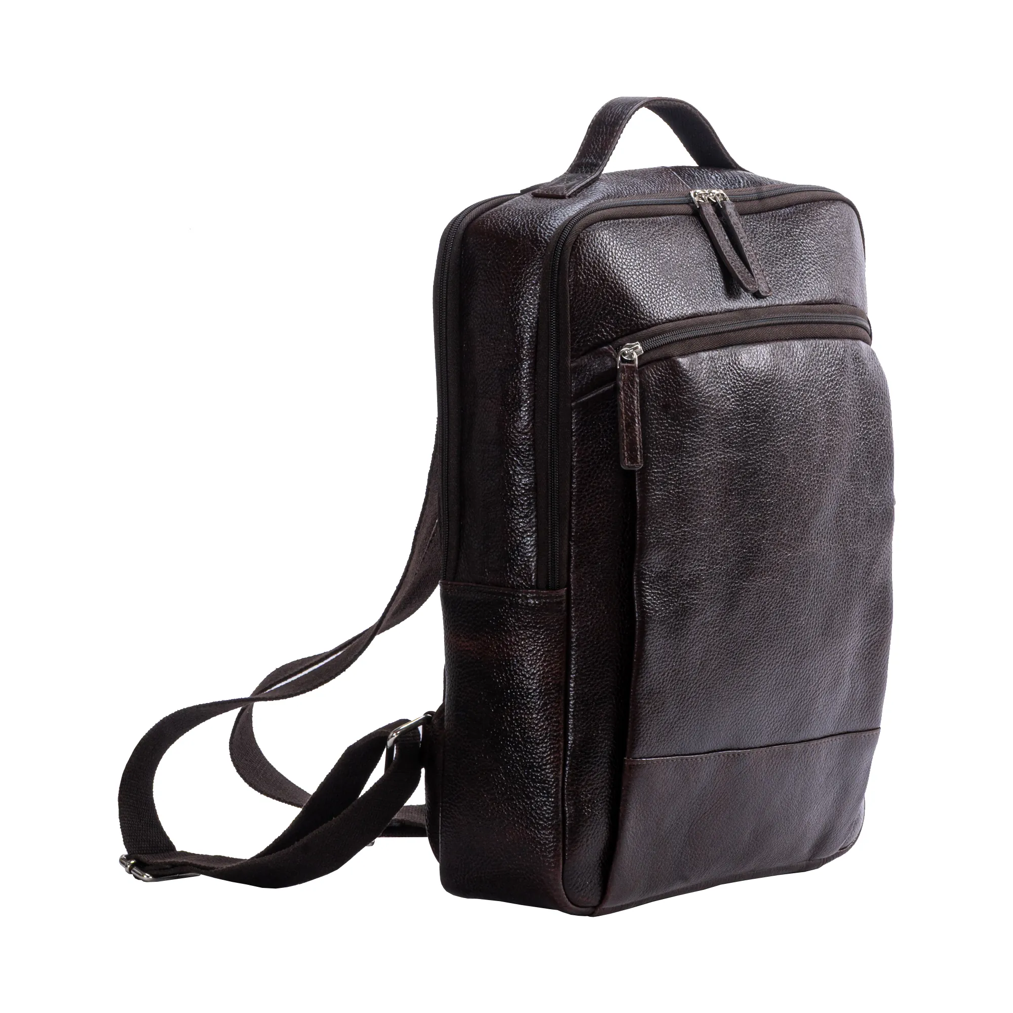 Dark brown genuine leather rucksack with padded laptop compartment, front zip pocket, breathable air mesh back panel, and adjustable shoulder straps.