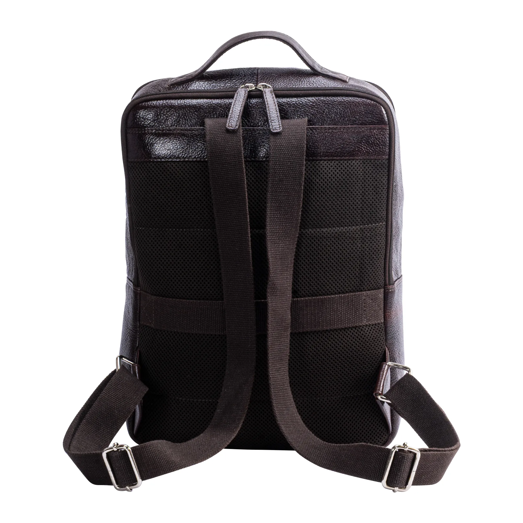 Dark brown genuine leather rucksack with padded laptop compartment, front zip pocket, breathable air mesh back panel, and adjustable shoulder straps.