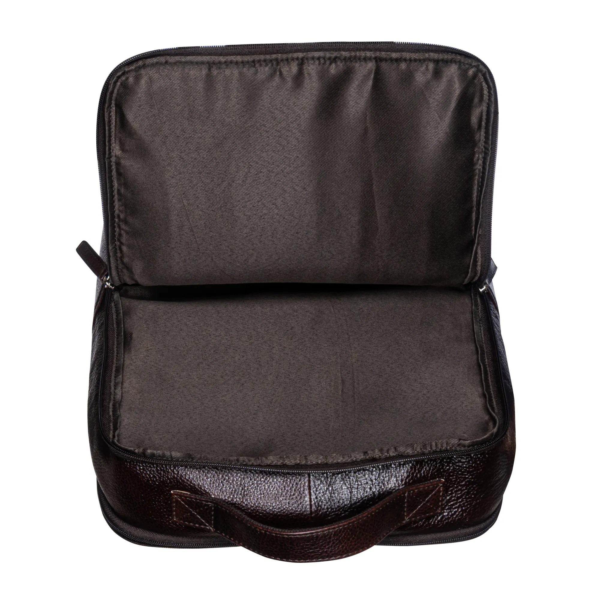 Dark brown genuine leather rucksack with padded laptop compartment, front zip pocket, breathable air mesh back panel, and adjustable shoulder straps.