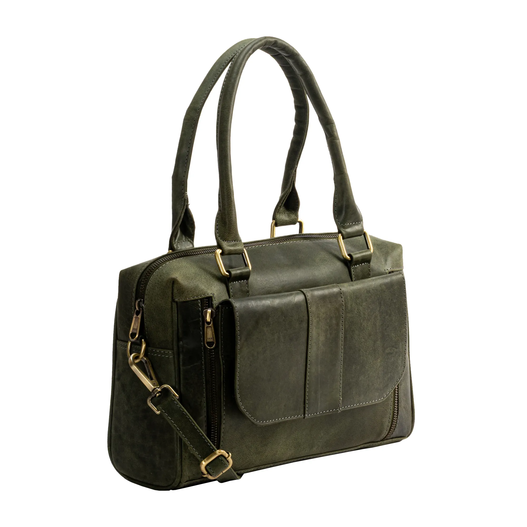Green genuine hunter leather ladies handbag with flap front pocket, magnetic closure, multiple zip compartments, dual handles, and adjustable shoulder strap.