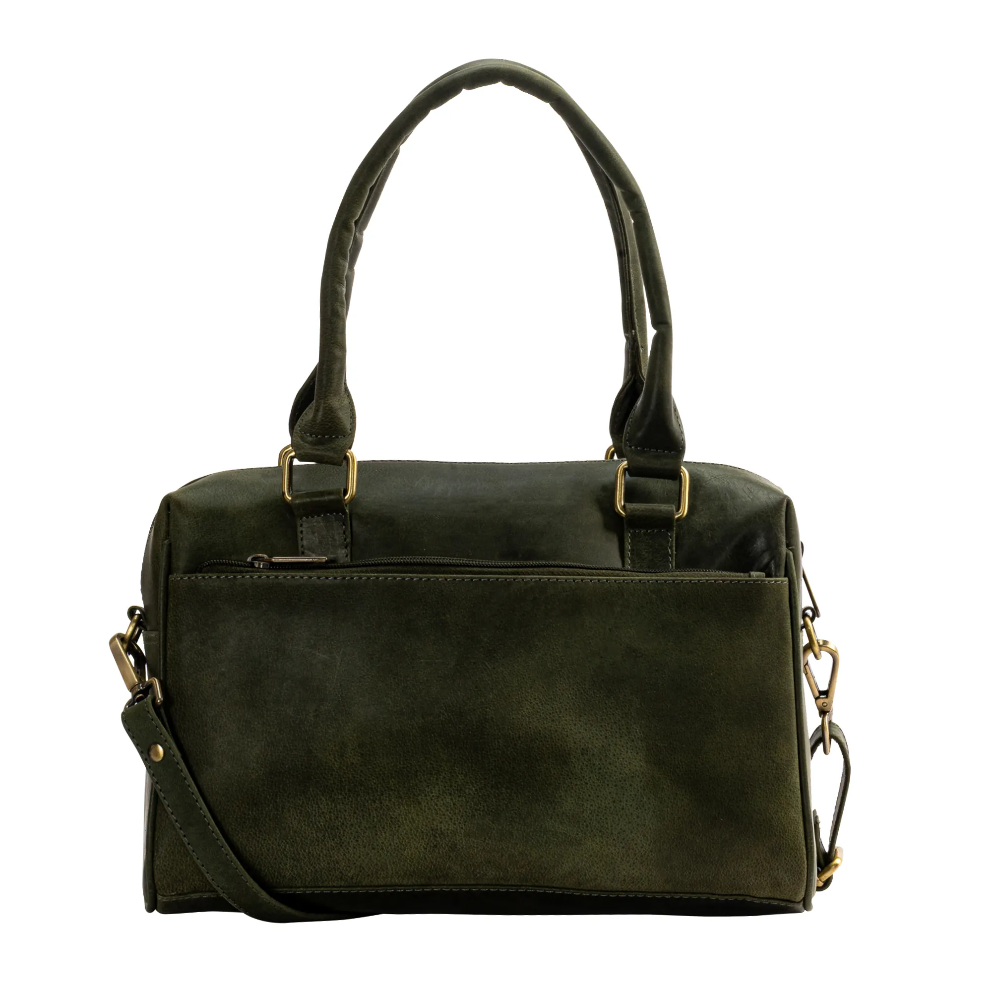 Green genuine hunter leather ladies handbag with flap front pocket, magnetic closure, multiple zip compartments, dual handles, and adjustable shoulder strap.