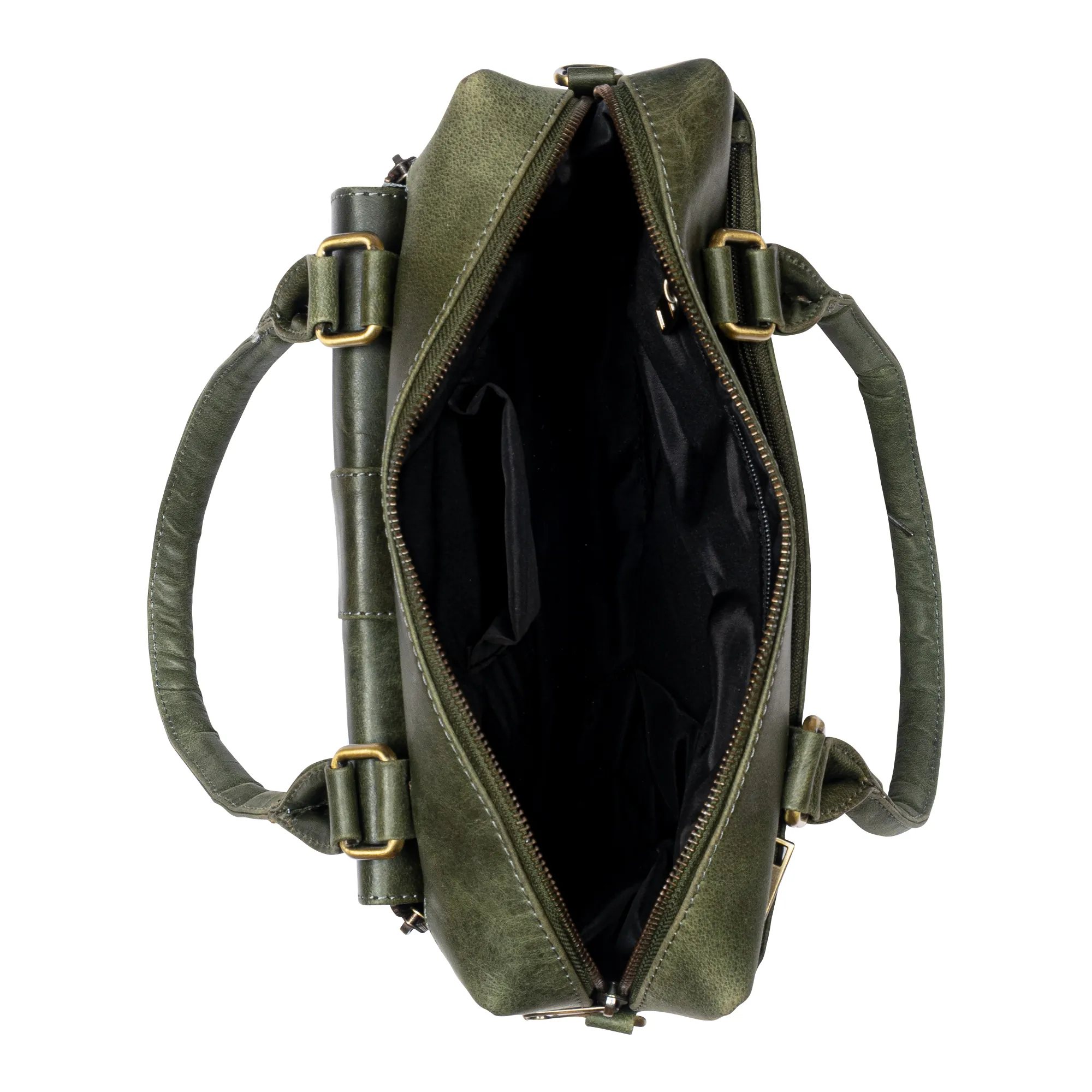 Green genuine hunter leather ladies handbag with flap front pocket, magnetic closure, multiple zip compartments, dual handles, and adjustable shoulder strap.