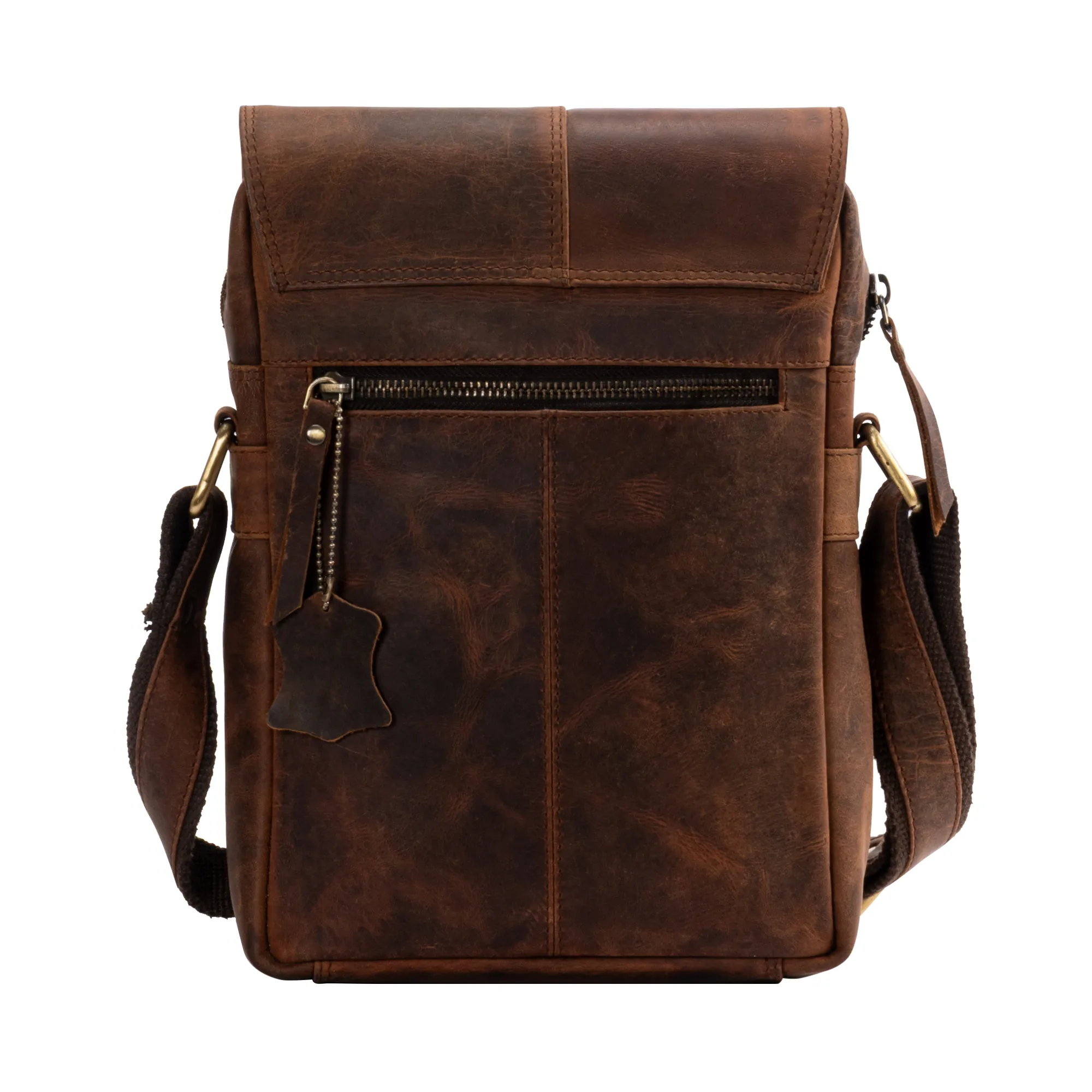 Brown genuine hunter leather crossbody messenger bag with front flap, adjustable shoulder strap, and multiple compartments for everyday essentials.