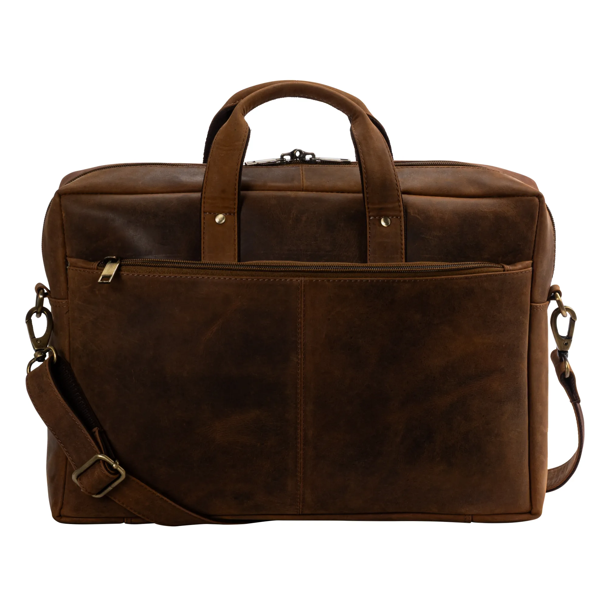 Brown genuine hunter leather laptop bag with padded compartment, dual front zip pockets, top handles, and adjustable shoulder strap, suitable for 15.6-inch laptops.