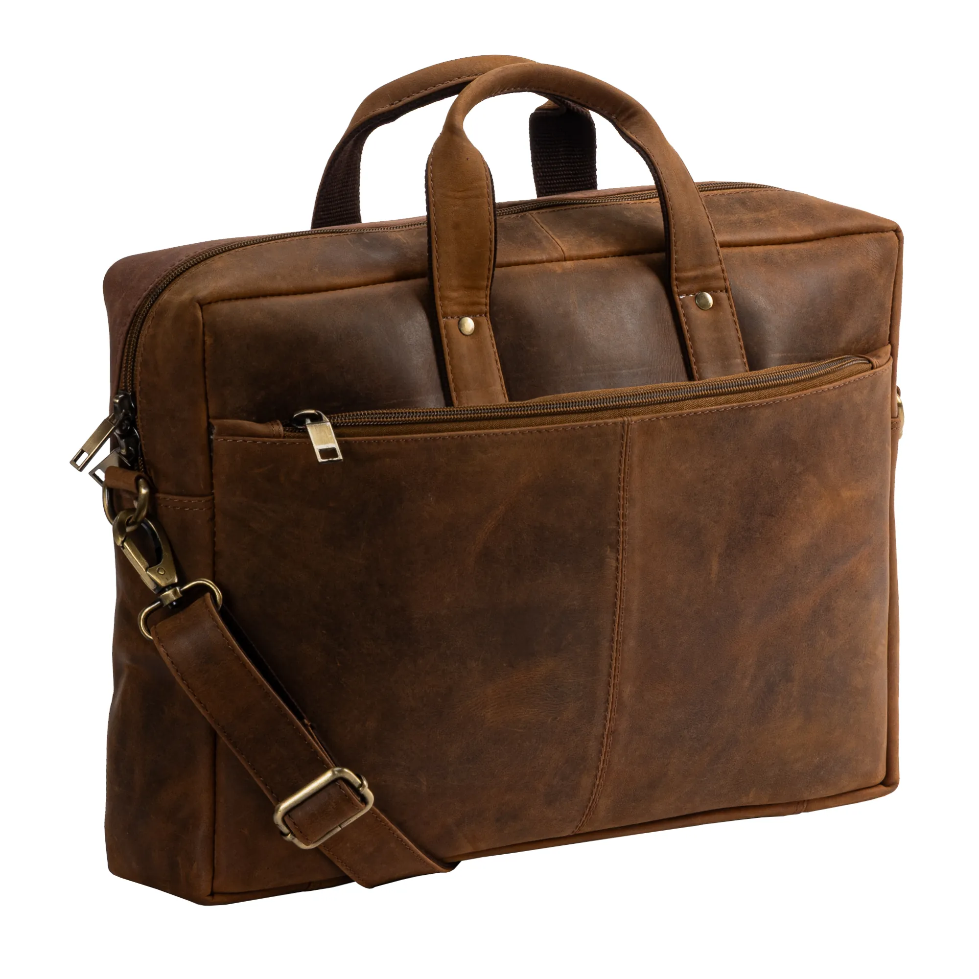 Brown genuine hunter leather laptop bag with padded compartment, dual front zip pockets, top handles, and adjustable shoulder strap, suitable for 15.6-inch laptops.