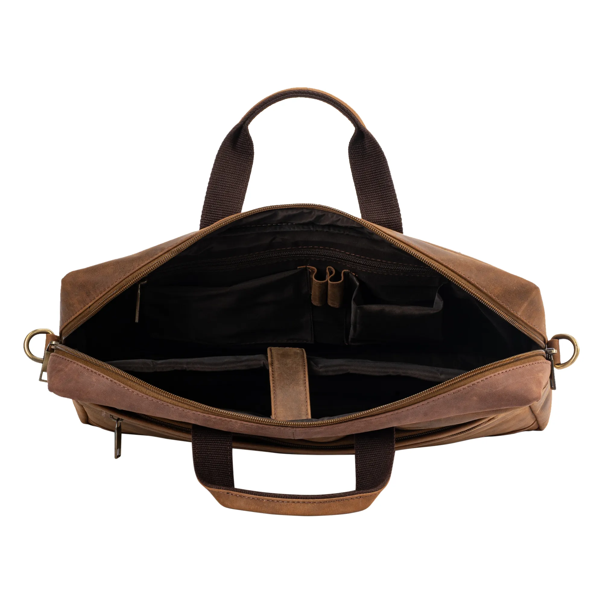 Brown genuine hunter leather laptop bag with padded compartment, dual front zip pockets, top handles, and adjustable shoulder strap, suitable for 15.6-inch laptops.