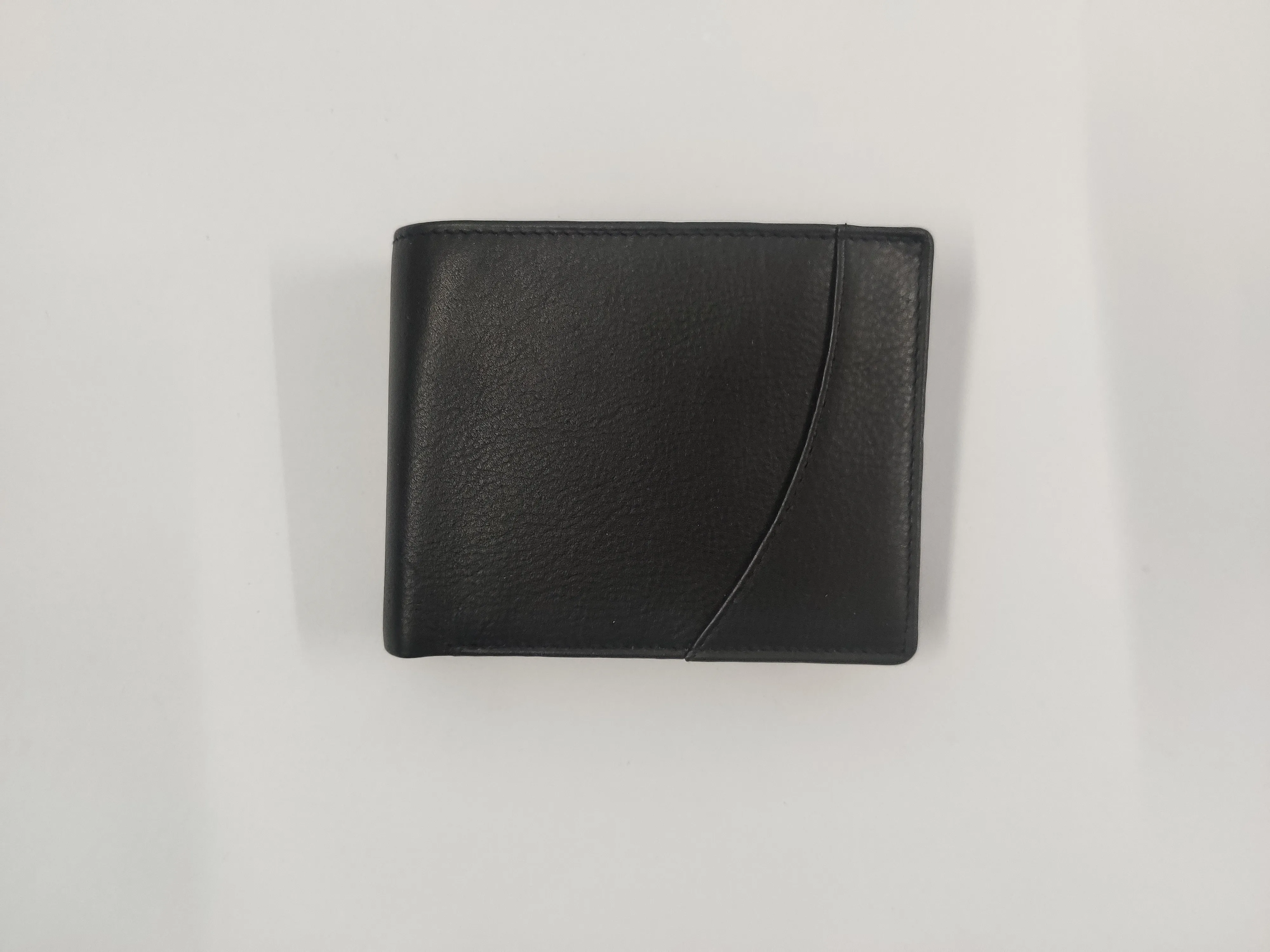 Genuine black leather bifold wallet with crescent card slots, RFID protection, dual ID windows, zippered compartment, and coin pocket.