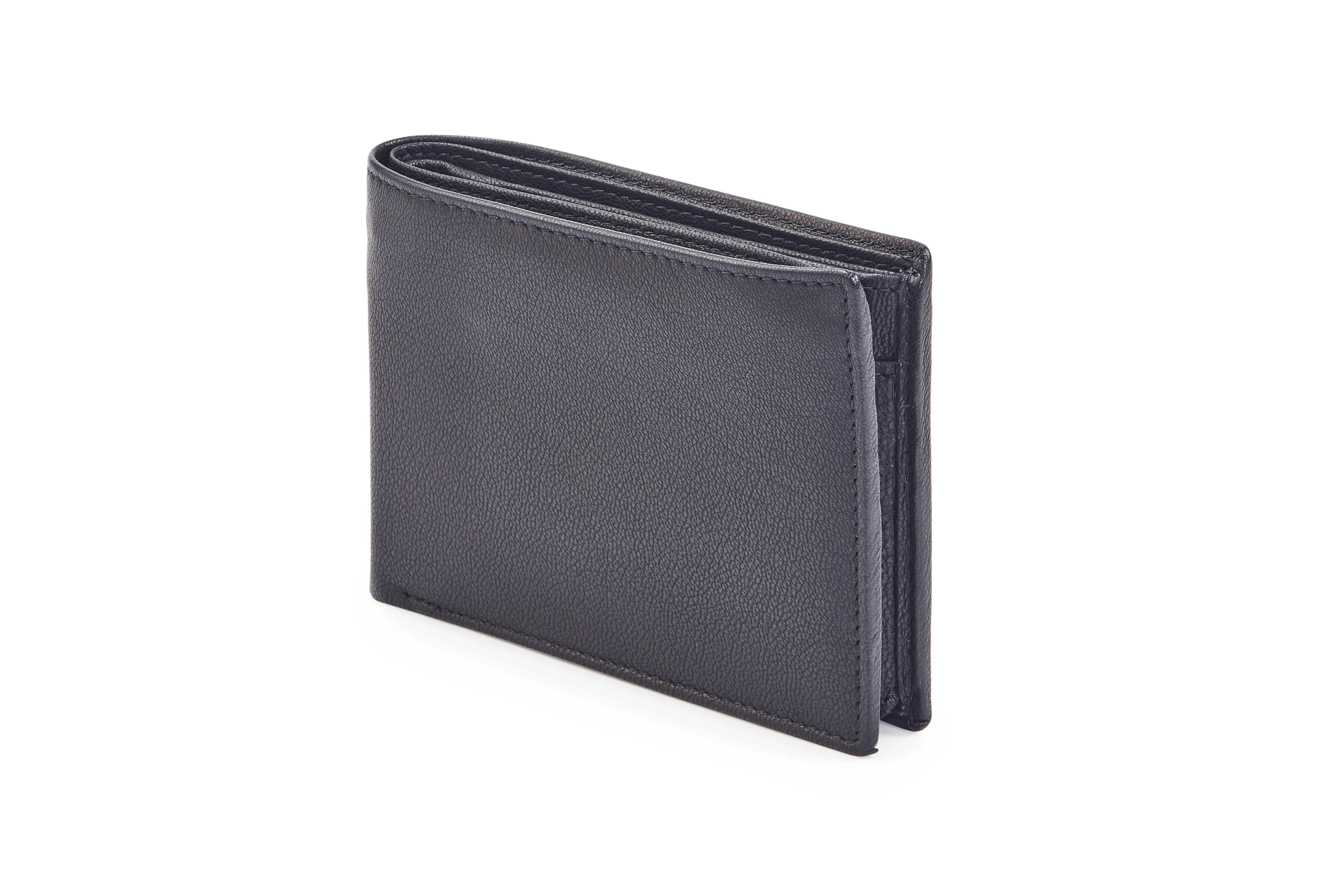 Black Goat Nappa Leather Bi-Fold Wallet with Card Slots, ID Window, and Currency Compartments.