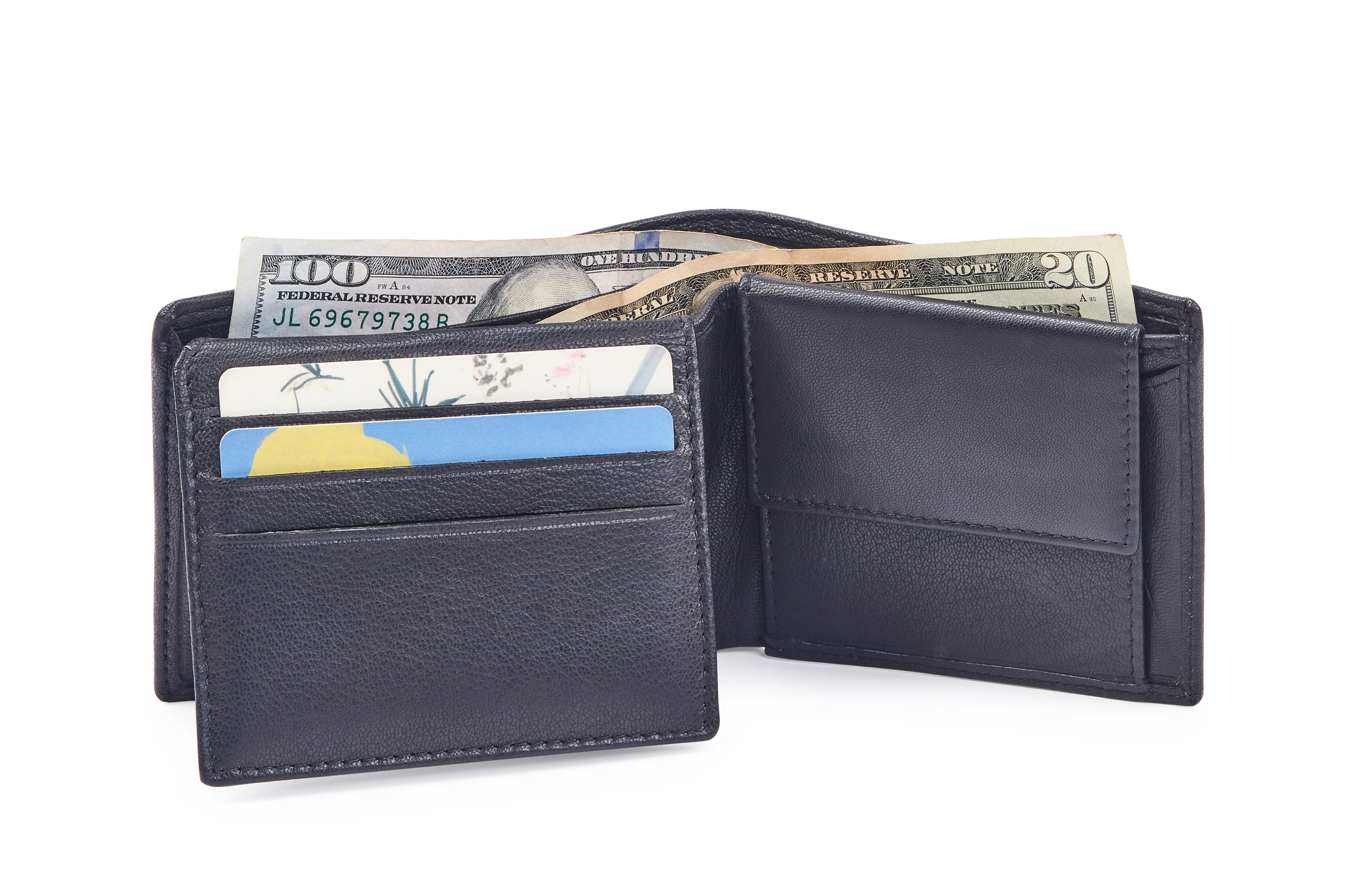 Black Goat Nappa Leather Bi-Fold Wallet with RFID, 6 Card Slots, Coin Pocket with Key Holder, ID Window, Secret Compartments, and Top Over-flap.