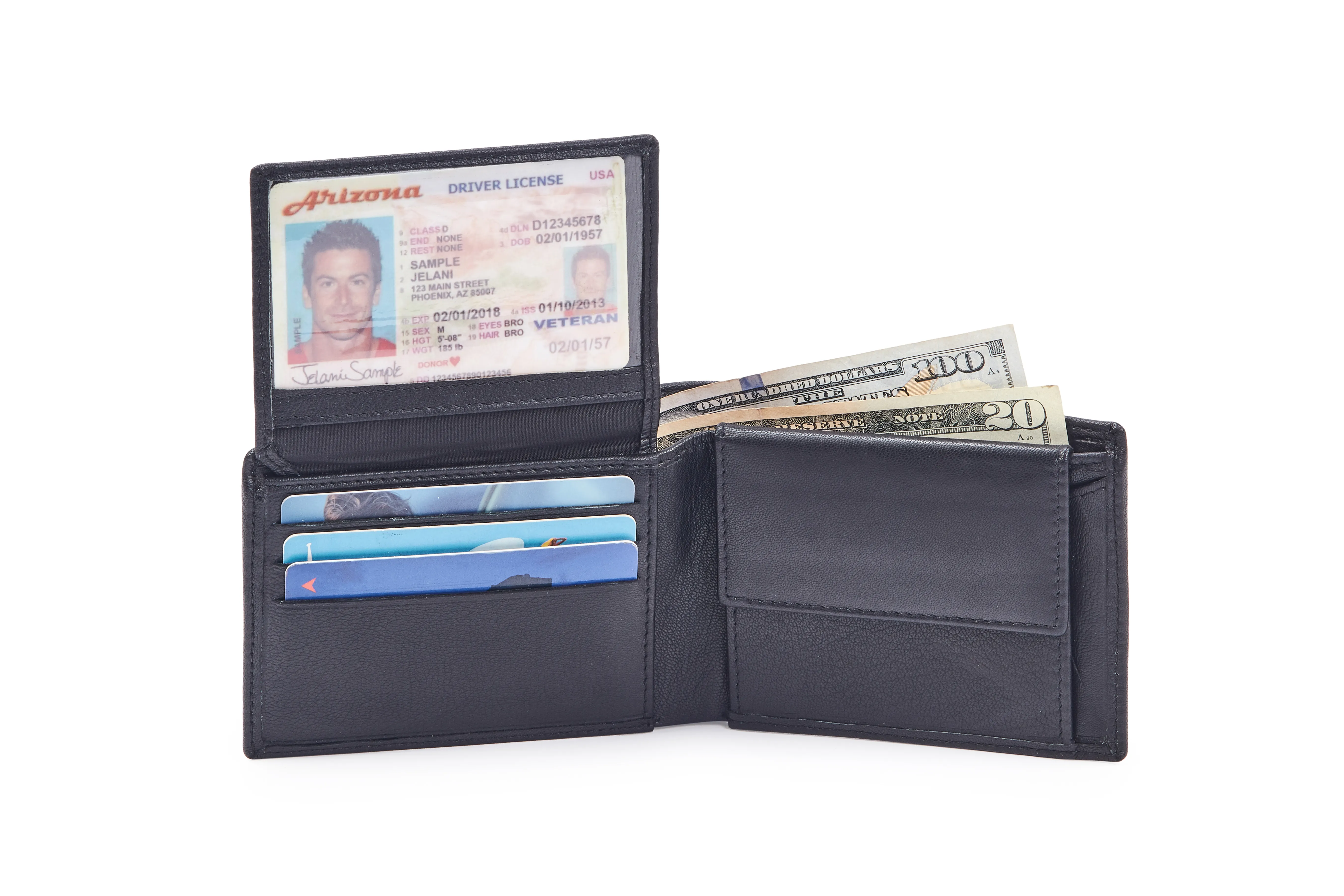 Black Goat Nappa Leather Bi-Fold Wallet with RFID, 6 Card Slots, Coin Pocket with Key Holder, ID Window, Secret Compartments, and Top Over-flap.