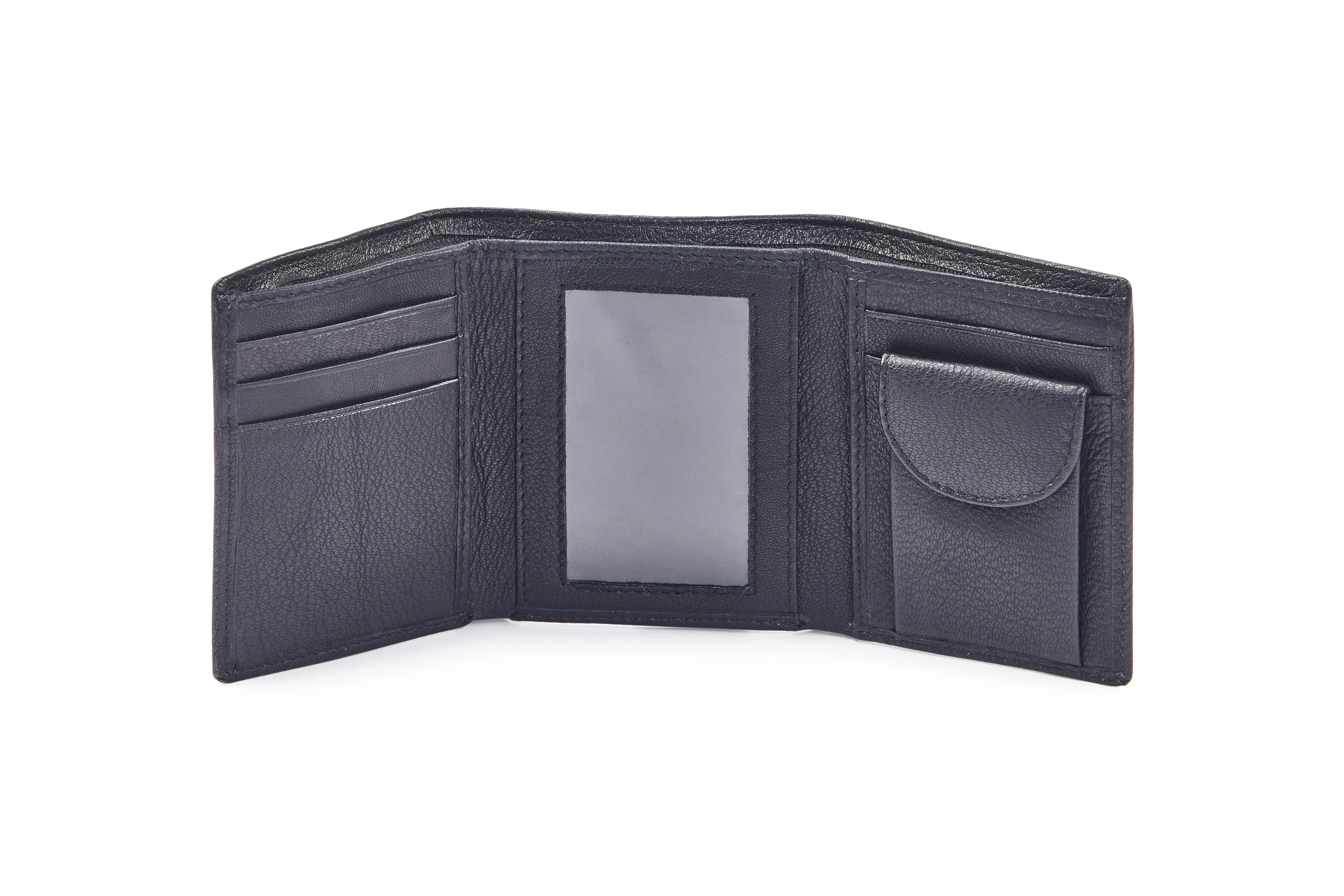 Goat Nappa Leather Black Tri-Fold Wallet with Card Cases, Currency Compartments, Coin Pocket, and ID Window