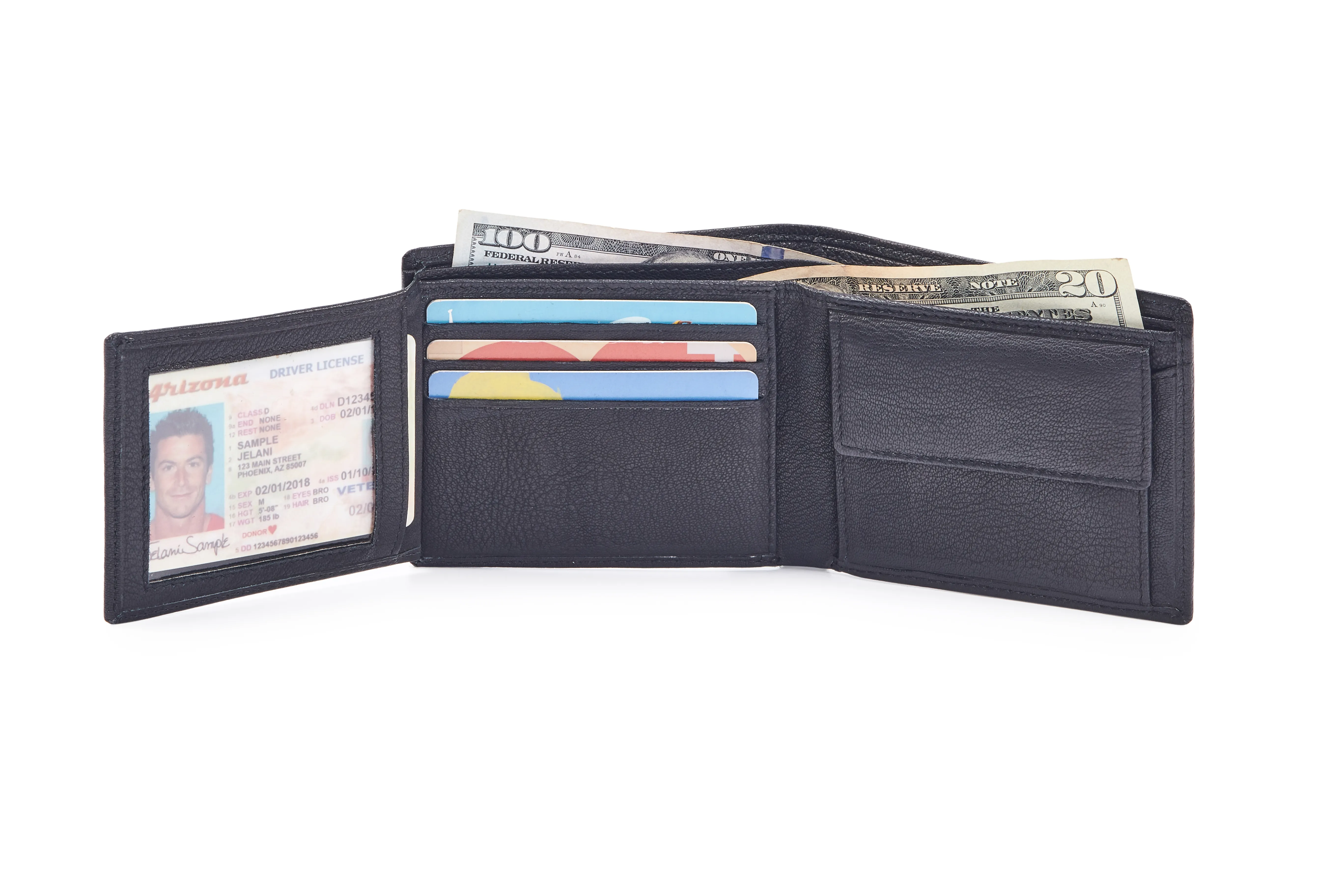 Black Goat Nappa Leather Bi-Fold Wallet with 6 Card Slots, Coin Pocket, ID Window, Secret Compartments, Currency Compartments, and Side Over-flap