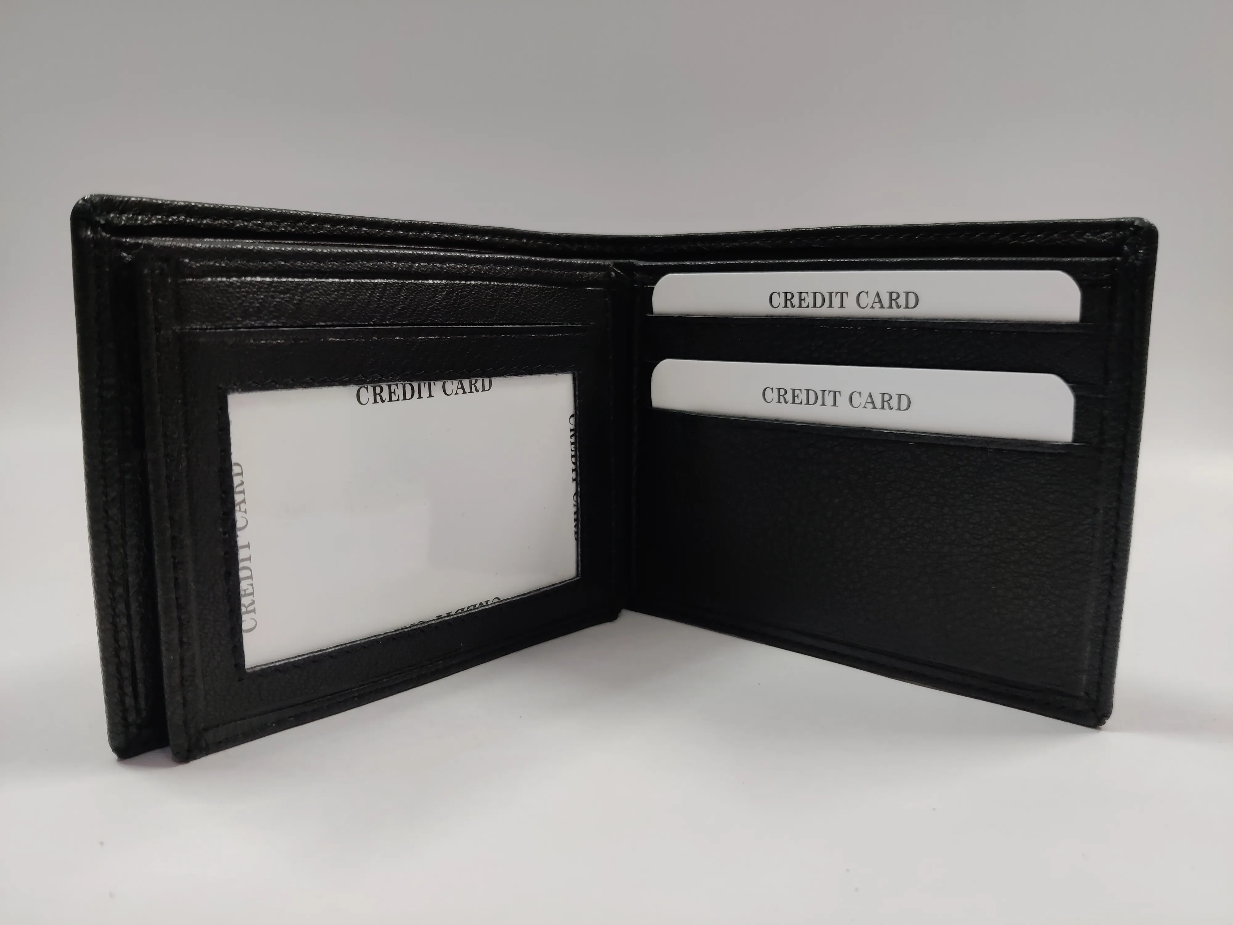 Genuine black goat Nappa leather bifold wallet with horizontal flap, 9 credit card slots, ID window, secret compartments, and dual currency storage.