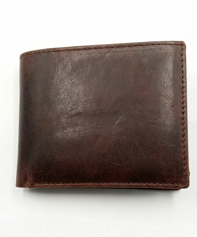 Genuine full grain hunter leather wallet with waxy finish, multiple card slots, currency compartments, coin pocket, and detachable card holder in a vintage rugged design.